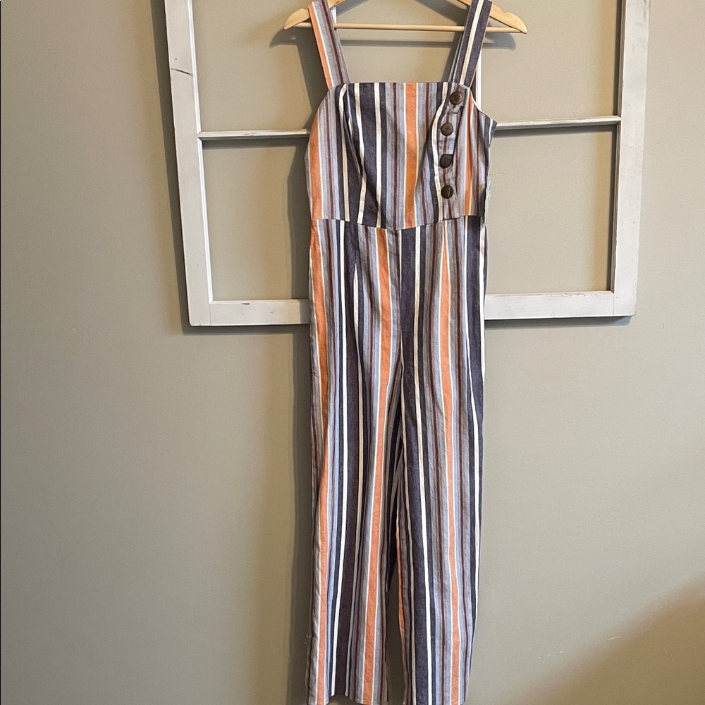 Striped Jumpsuit with Button Detail - Orange & Navy